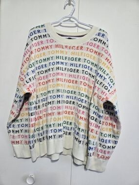 Tommy Hilfiger Sweater Women’s XL White Rainbow Logo Print Crewneck Knit